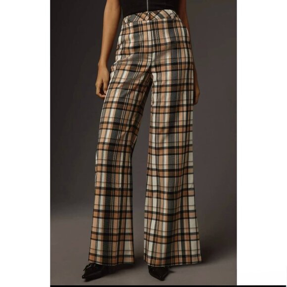 Maeve Flowy High Rise Wide Leg Plaid Trouser Pants Anthropologie Office Work 0 - Picture 1 of 11